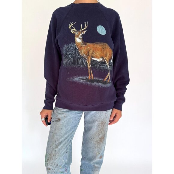 90s vintage blue deer animal nature wildlife graphic distressed pullover sweater - Picture 2 of 8